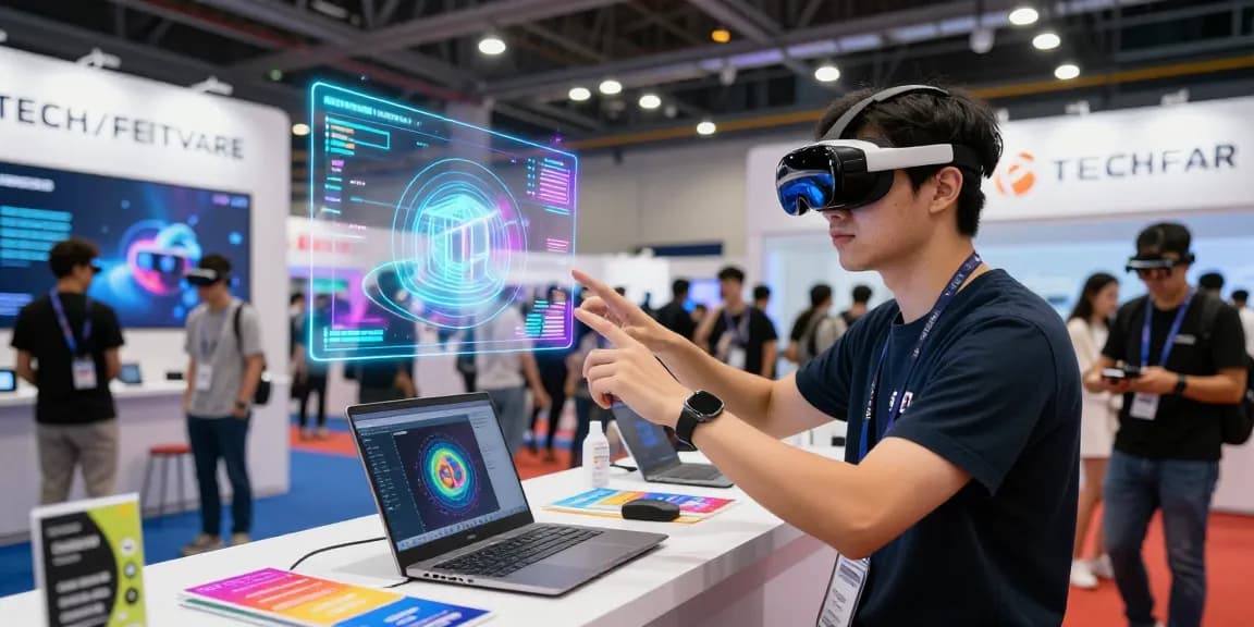 Tech enthusiast wearing AR glasses interacting with virtual data display at a tech expo showcasing innovative features.