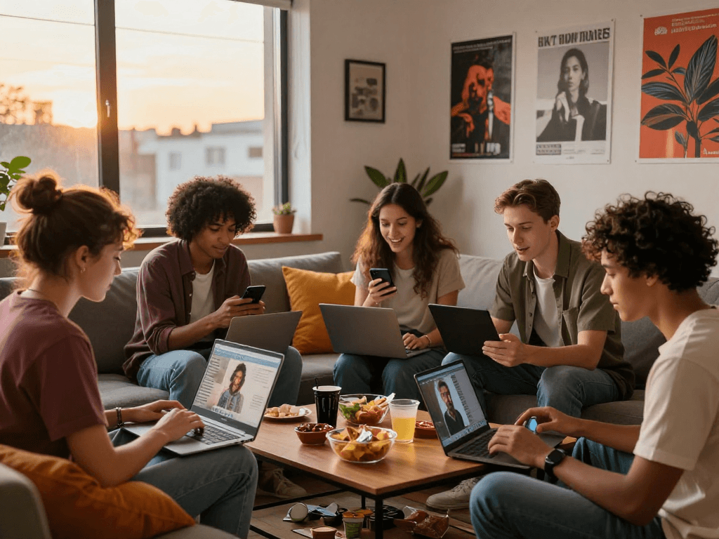 Engaged group discussing nsfw ai chat in a vibrant urban setting with warm sunset lighting.