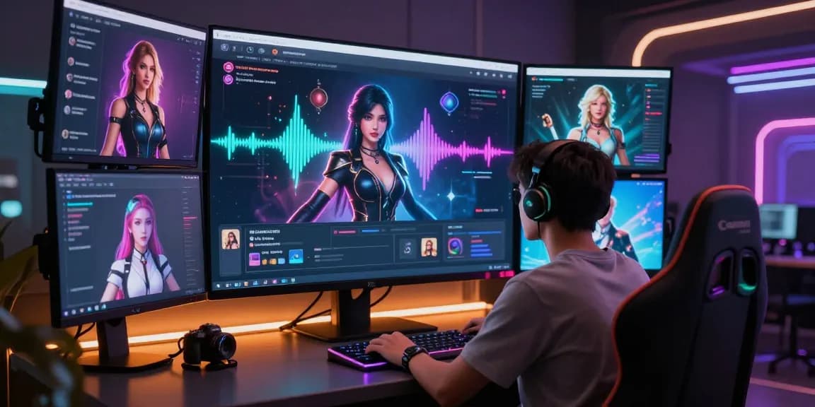 Interactive user interface of an ai nsfw platform with customizable avatars and vibrant neon accents.