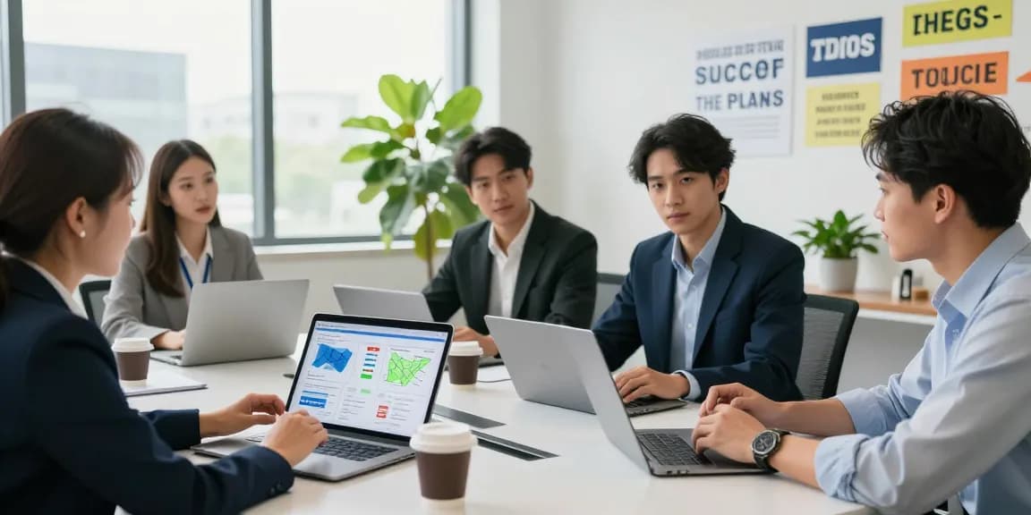 Comparative analysis of EE vs Three business plans in a modern office setting with diverse professionals collaborating.