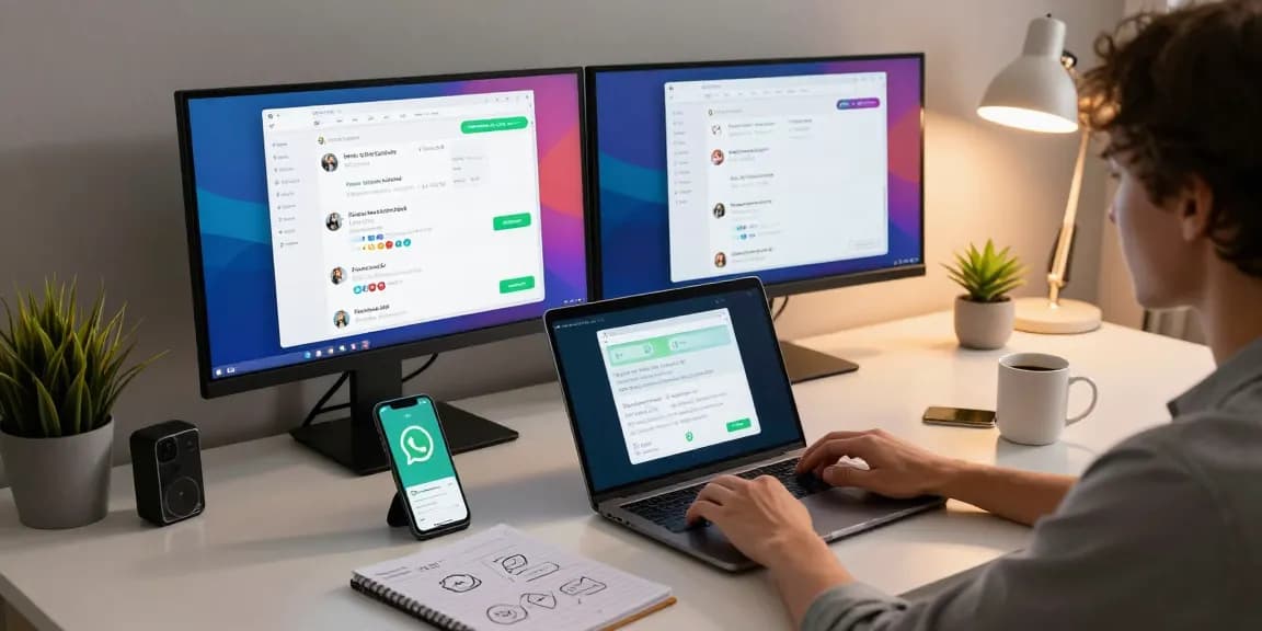 WhatsApp下載 activity in a modern tech workspace with user engaging on laptop and smartphone.