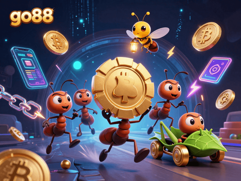 go88 showcases a 3D heist with ants, poker chip, and crypto elements for engaging gameplay