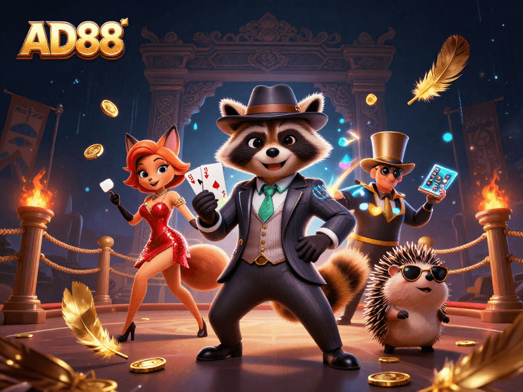 Join the excitement at AD88 with a charming raccoon, fox lady, and hedgehog bouncer during a thrilling casino scene.