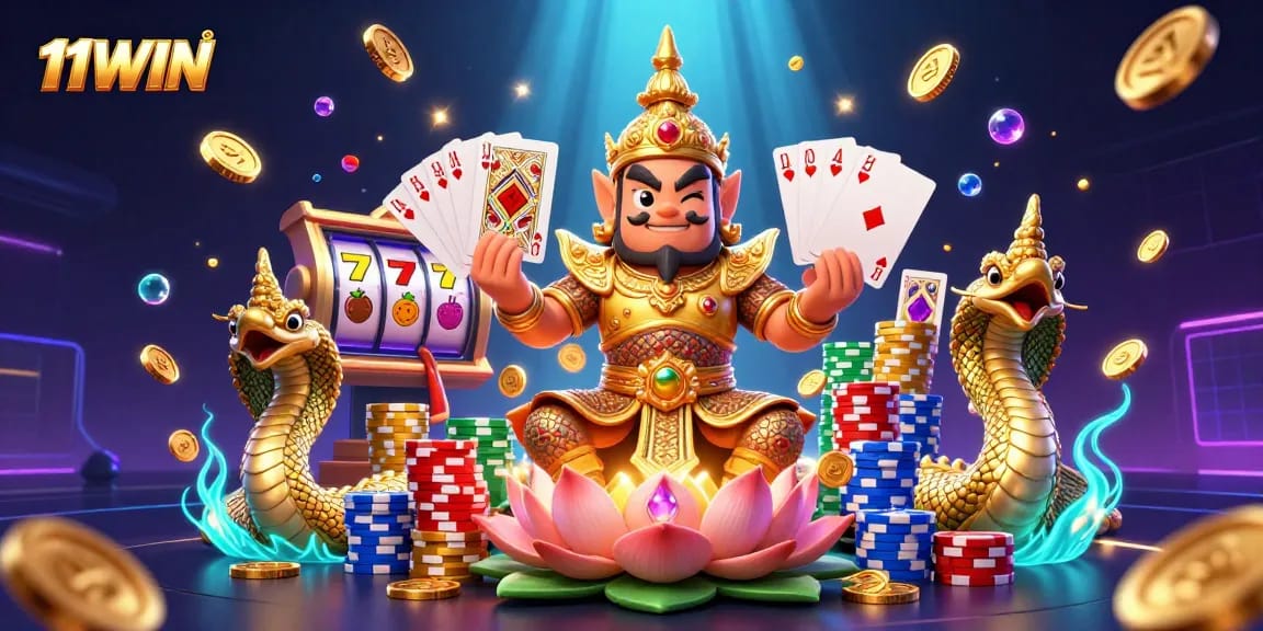 Win big on 11WIN with thrilling slot games featuring colorful characters, coins, and vibrant casino elements.