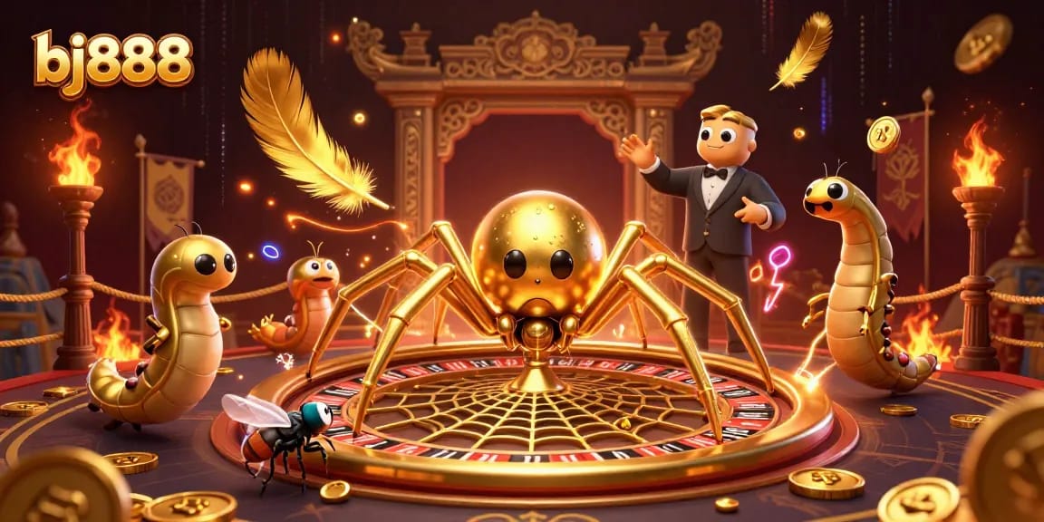 Experience the excitement of bj888 with a golden spider spinning a roulette web, where bets come alive!
