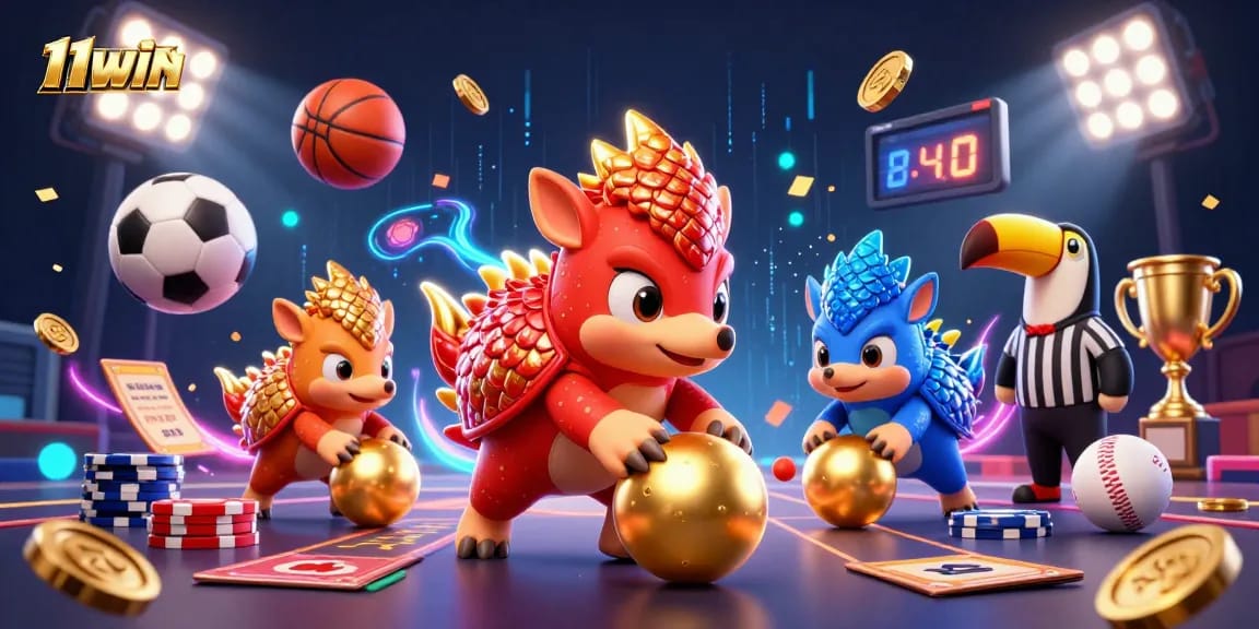 Engage in thrilling action with 11WIN as rival pangolins compete amidst a vibrant casino scene.