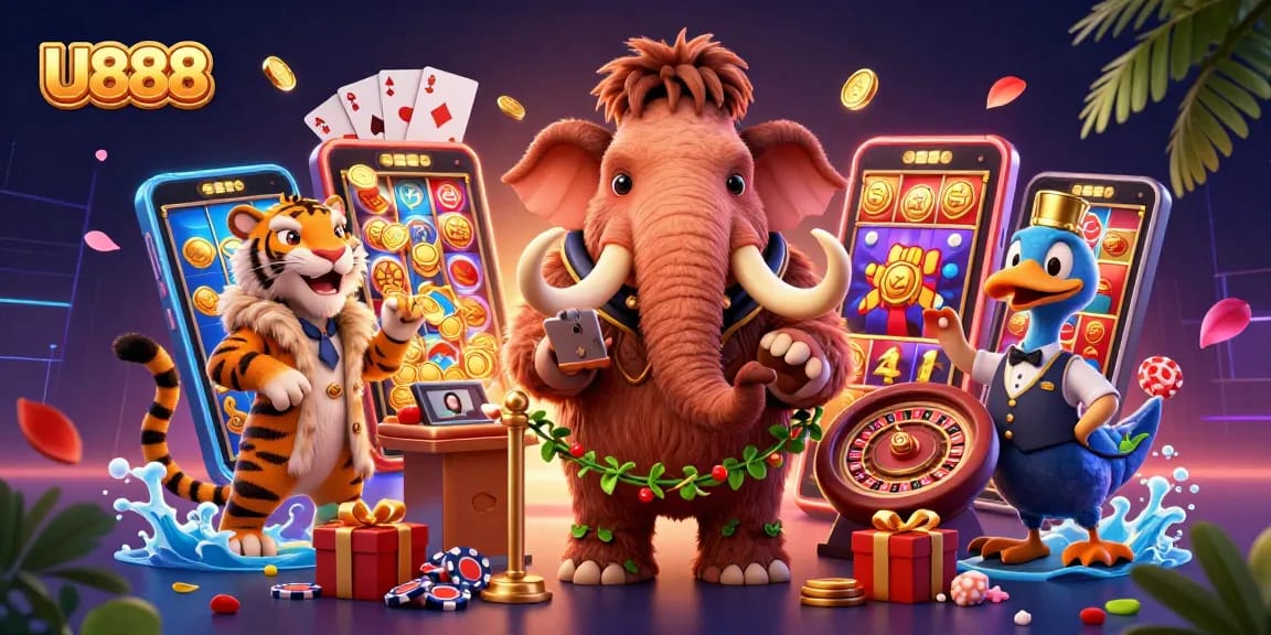 U888 shows off a vibrant casino scene with a woolly mammoth bouncer checking IDs.
