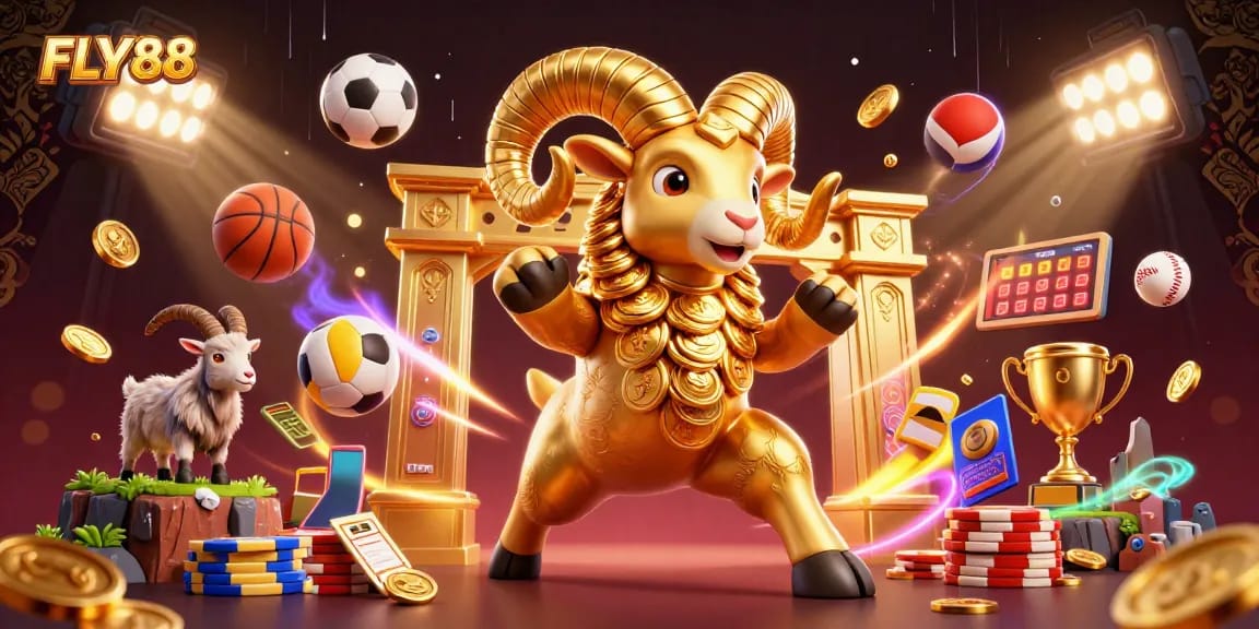 FLY88 delivers thrilling gaming scenes with a 3D golden ram charging through a dynamic casino environment.