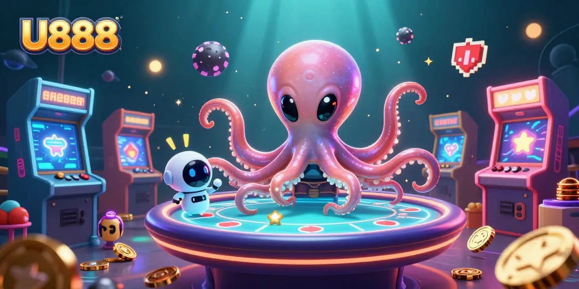 Play poker with U888's alien octopus in a vibrant casino scene filled with game machines.
