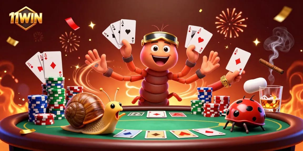 Experience the excitement of 11WIN with a whimsical 3D illustration of lively casino characters.