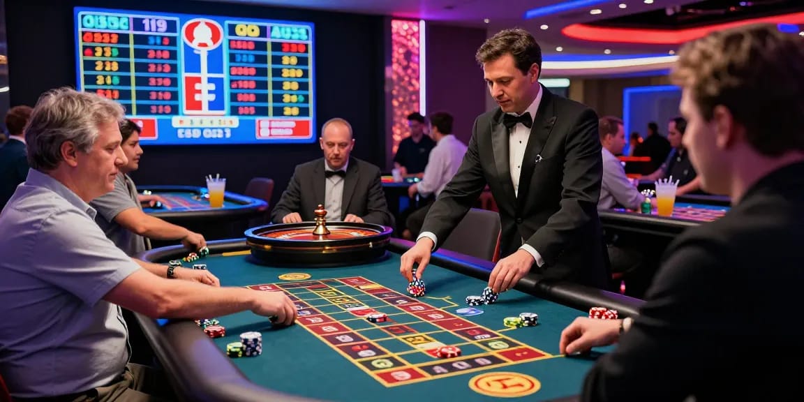 Gambling excitement at https://shbet.cruises/ casino with players and roulette.