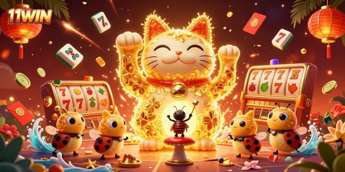 Engage with 11WIN's vibrant themed casino digital illustration featuring a giant lucky cat.