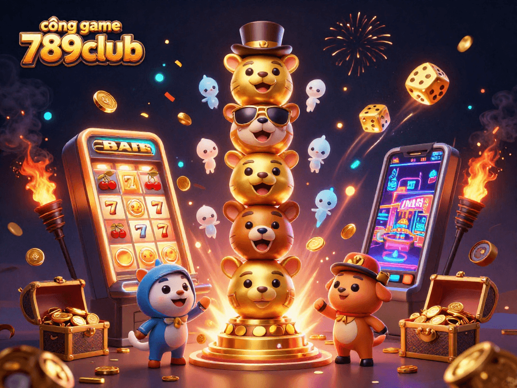 Engage with cổng game 789club through a vibrant 3D scene illustrating exciting casino elements and golden treasures.