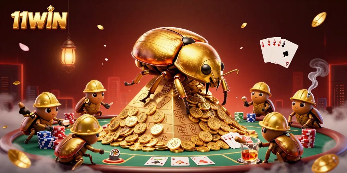 Enjoy thrilling gaming at 11WIN with golden beetles and casino symbols in action.