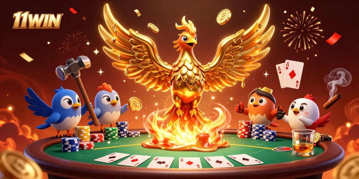 Experience the magic of 11WIN with a golden phoenix, poker table, and vibrant casino elements.