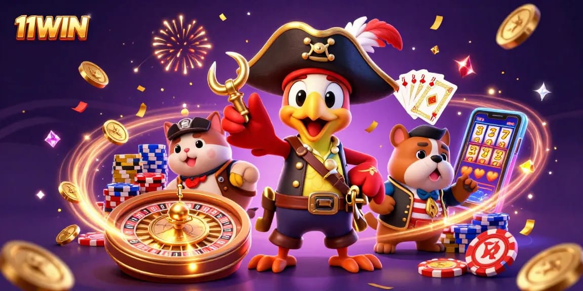 Experience thrilling gameplay with 11WIN's vibrant 3D casino illustration showcasing excitement and fun.