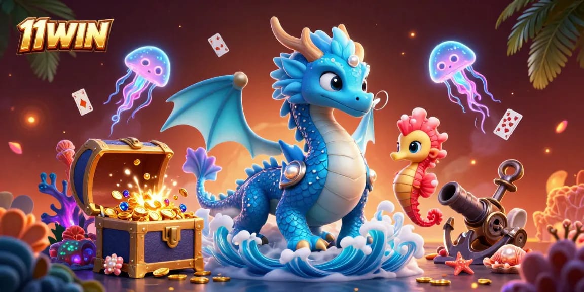 Experience the thrilling adventure of 11WIN with a vibrant underwater scene featuring playing cards, treasure, and mystical sea creatures.