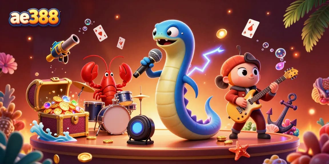 Celebrate wins with ae388's underwater casino scene featuring dynamic gaming elements and vibrant characters.
