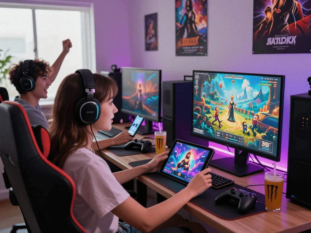 Engaged gamers playing diverse sex games on desktop, tablet, and mobile in a vibrant gaming setup.