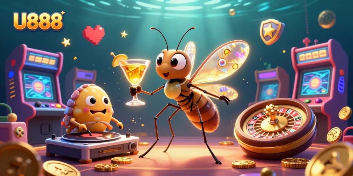 Experience U888 with lively casino mascot and interactive gaming elements