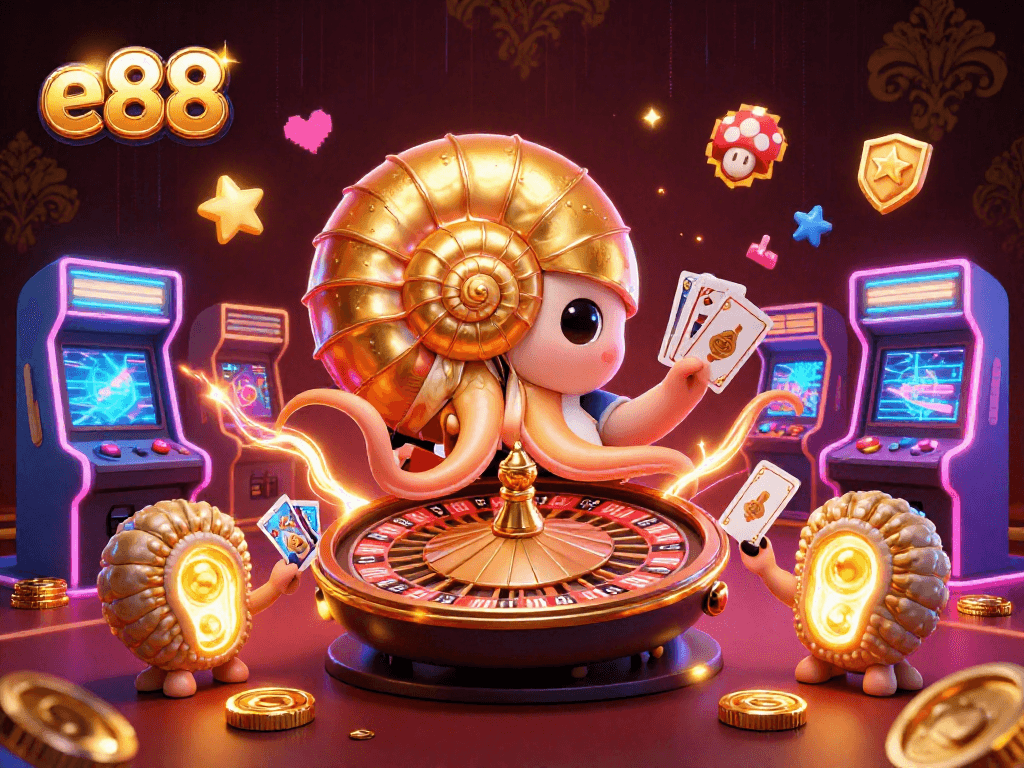 Experience exhilarating e88 gameplay with a glowing nautilus roulette wheel and vibrant arcade elements.