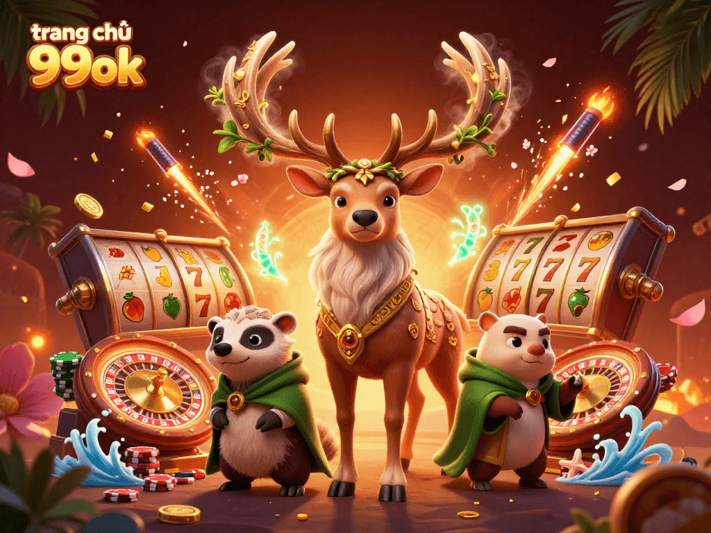 Experience the excitement of trang chủ 99ok with a captivating 3D casino scene filled with vibrant game elements.