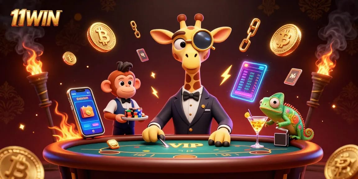 Engage with 11WIN’s cartoon casino atmosphere featuring a high-roller giraffe and crypto elements.