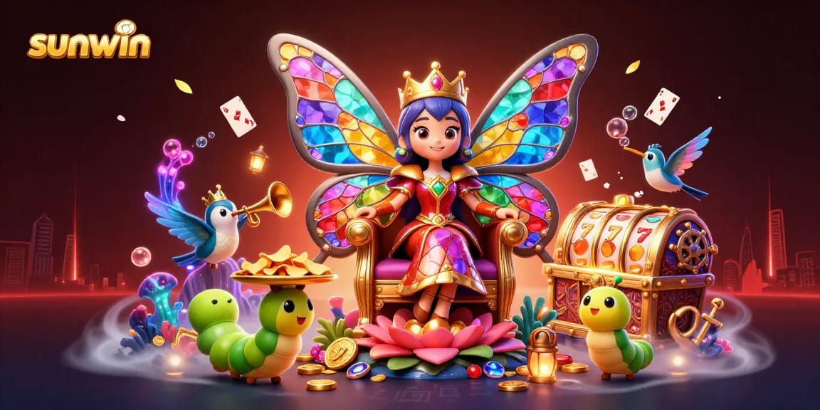 Experience sunwin's magical casino world with a vibrant butterfly queen and slot riches.