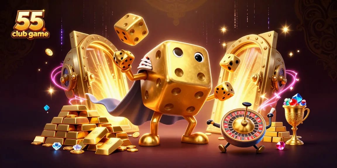 Engage in the 55 club game with dynamic golden dice and vibrant casino elements.