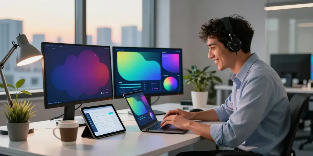 Individual utilizing instant indexing tools in a lively office setting.