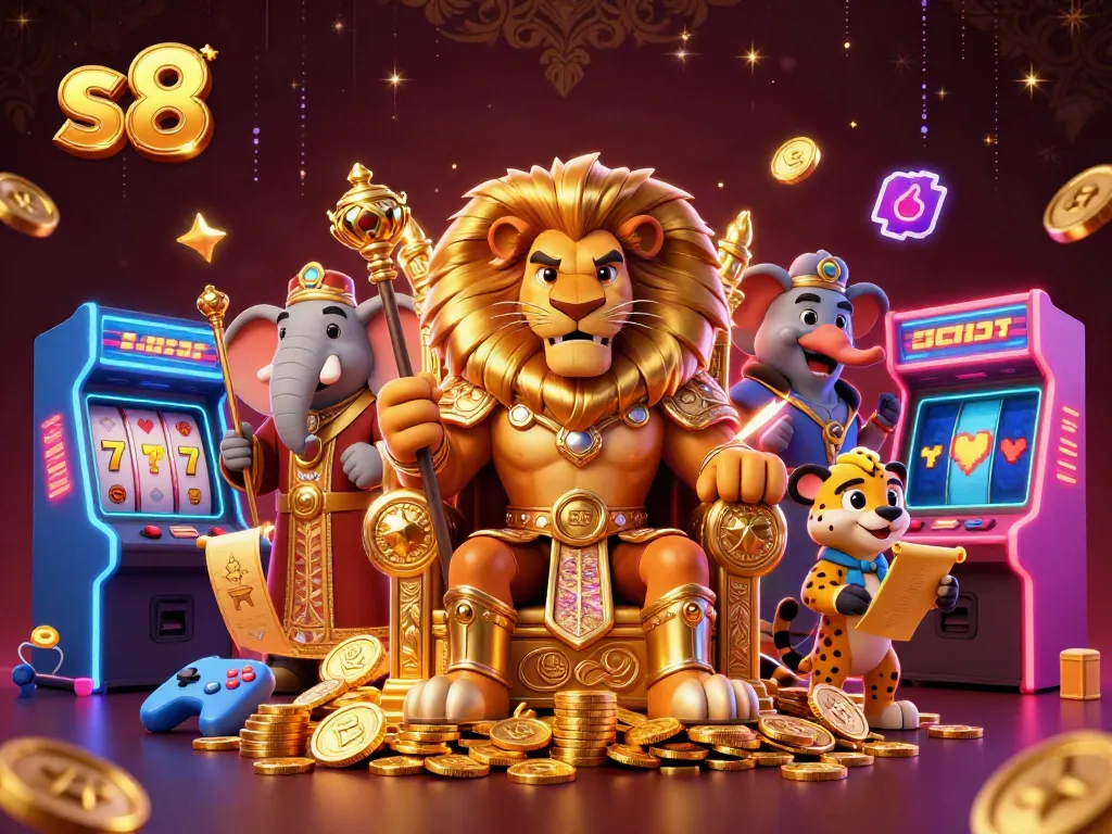 Experience the electrifying atmosphere of the S8 casino with a lion king and vibrant gaming machines.