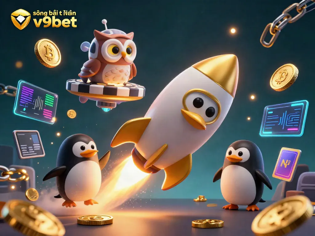 Experience the vibrant realm of sòng bài trực tuyến v9bet with a golden penguin blasting through space towards a poker chip casino.