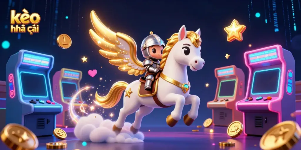 Engage in kèo nhà cái with a vibrant 3D digital illustration of a celestial horse and armored knight amidst game elements.