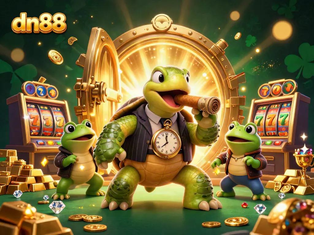 Experience the thrill of gambling with dn88 as the snapping turtle flaunts luxury beside two enforcers, showcasing slot elements.