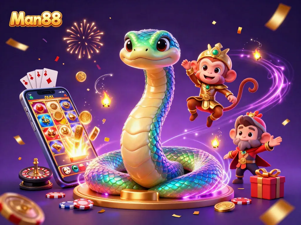 Bet on exciting games at Man88 with the playful monkey king and rainbow serpent illustration.