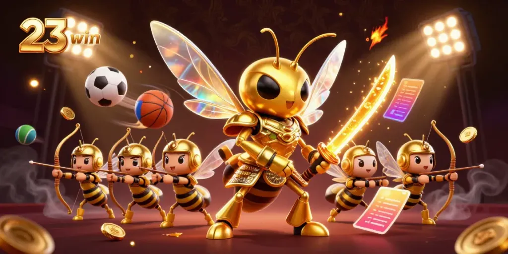 Engage with the thrilling world of 23 win with our dynamic casino illustration showcasing golden hornet and sports elements.
