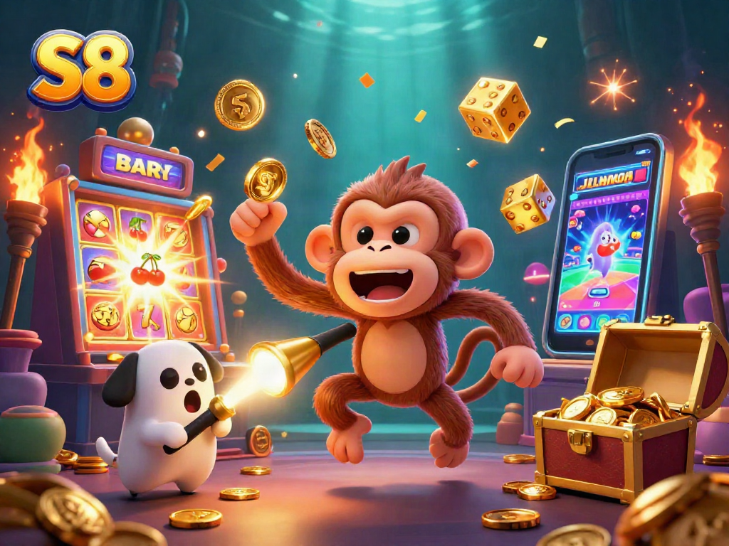 Engage with S8's vibrant casino scene featuring dynamic slot machine action and playful characters.