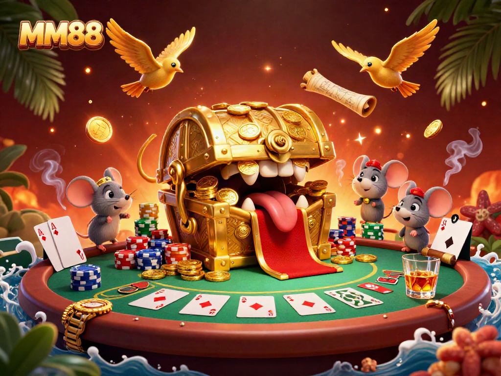 Engage with MM88's vibrant poker scene featuring a golden treasure chest and dynamic game elements.