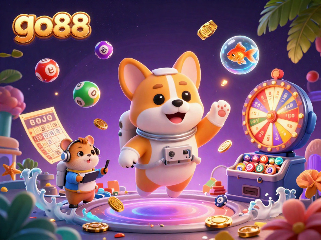 Experience the excitement of go88 as a cartoon corgi sails through a vibrant casino adventure with treasures on display