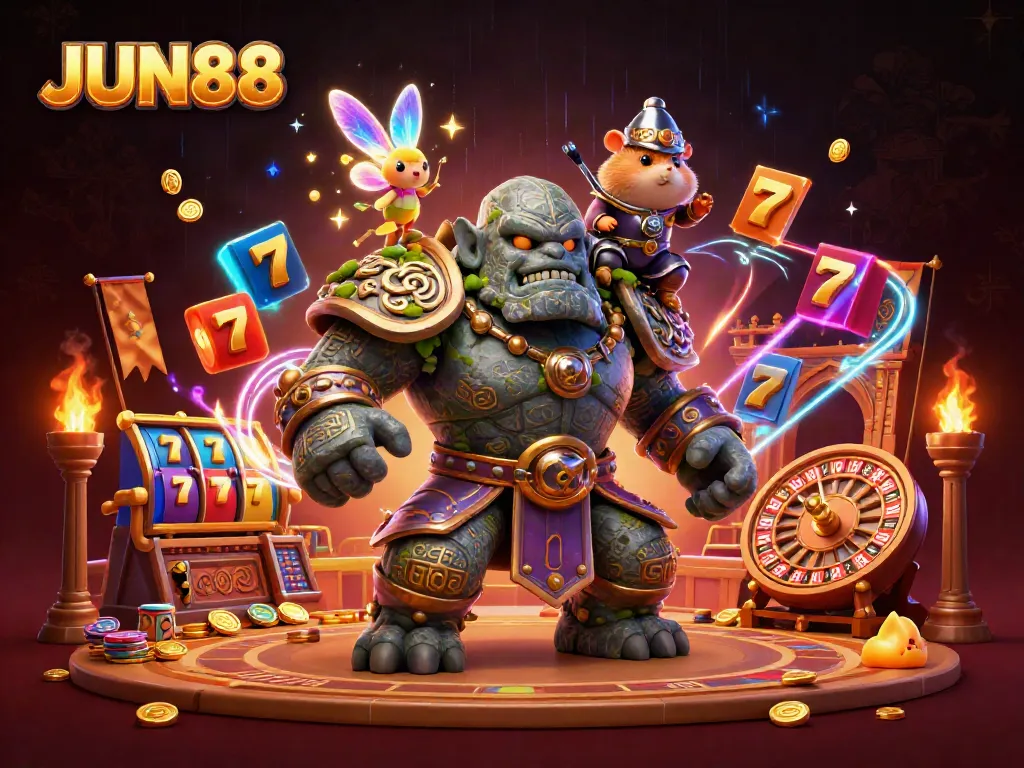 Experience thrilling gameplay with JUN88 in this vibrant 3D casino illustration featuring exciting game elements.