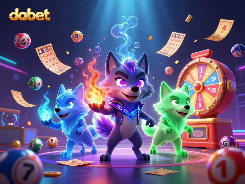 Dabet engages players in a vibrant lottery scene, with animated numbered balls and spectral wolves enhancing excitement.