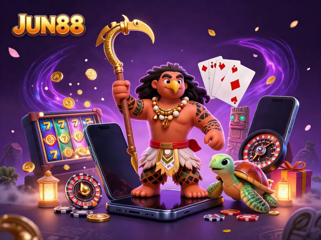 Engage in thrilling JUN88 online casino adventures with a vibrant, dynamic 3D scene featuring a demigod and lively game elements.