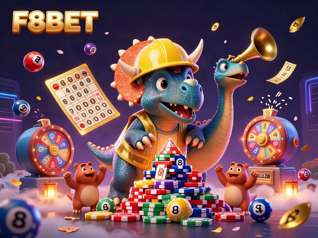 Engage with F8BET through a vibrant scene of fun casino characters celebrating gaming triumphs.