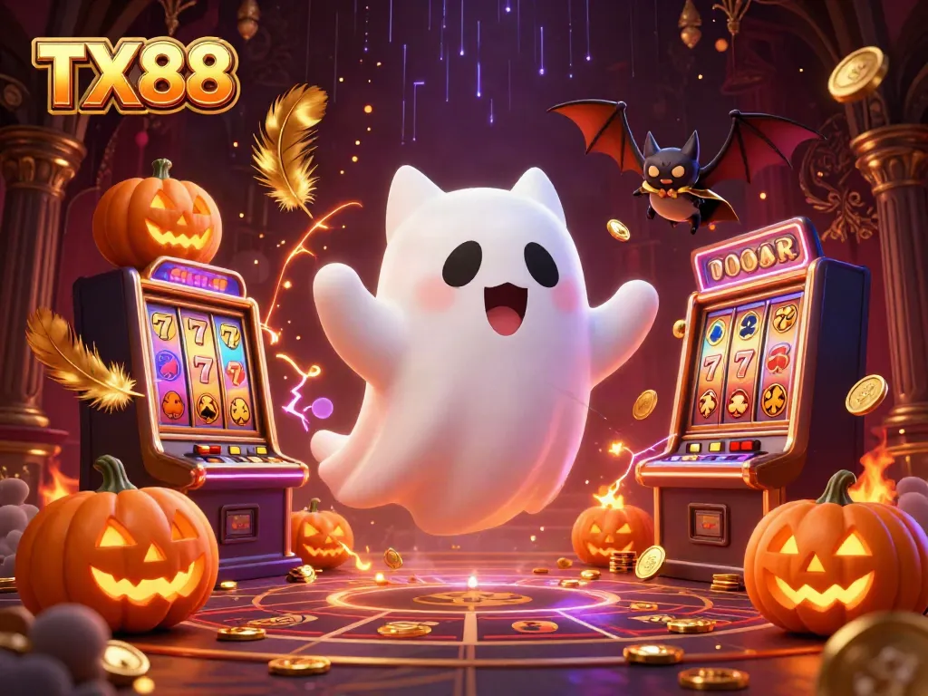 Experience top gameplay action at TX88 with a ghost cat and vampire bat in a vibrant casino scene.
