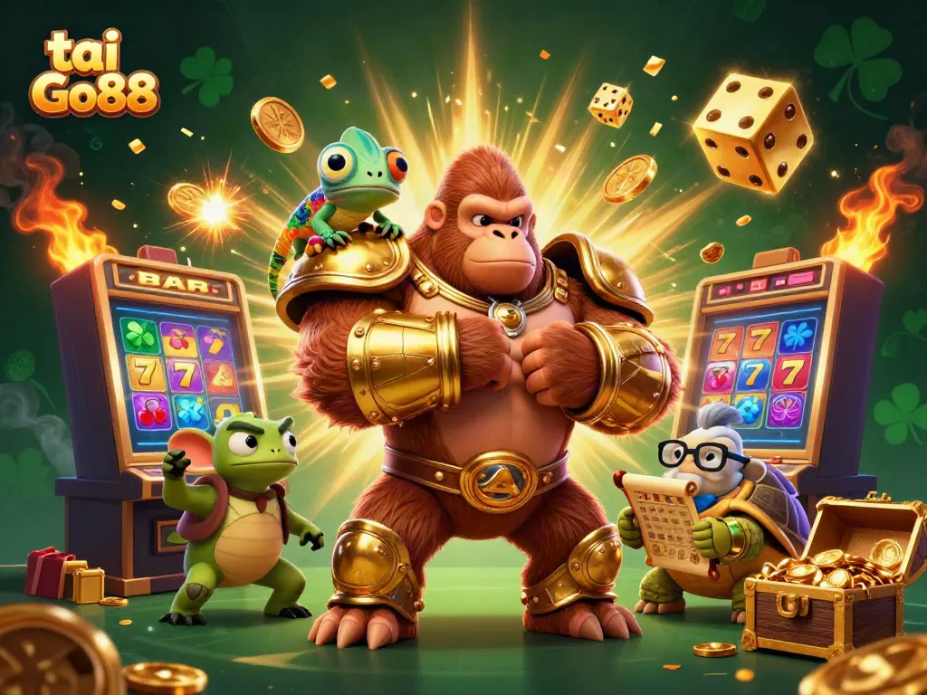 Experience the excitement of tai Go88 with a dynamic 3D casino scene featuring a powerful gorilla king and vibrant game elements.