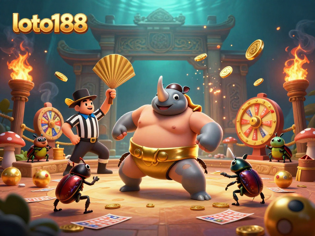 Engage in thrilling lottery action with loto188 as a beetle champion dominates the vibrant scene with prize wheels.
