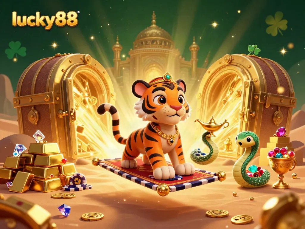 Spin to win with lucky88 as exquisite genie and sultan unveil golden treasures in a vibrant casino setting.