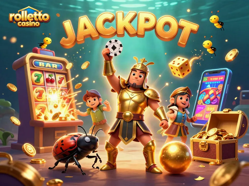 Engage with rolletto casino's vibrant world as cartoon beetles celebrate a jackpot in an exciting setting.