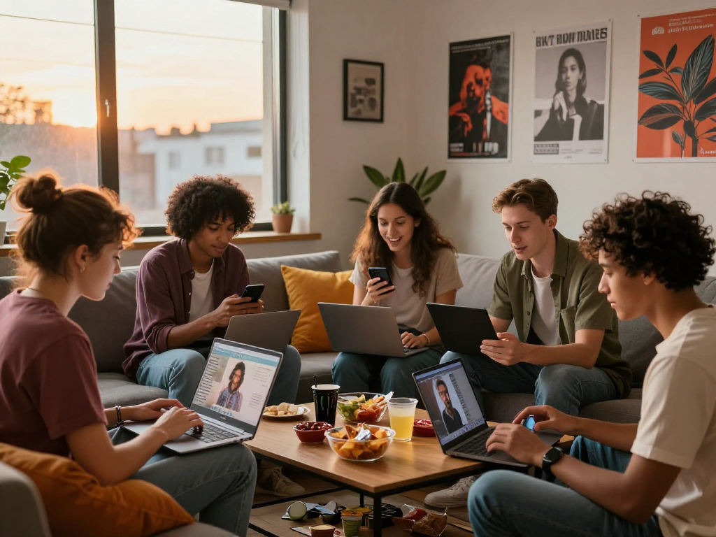 Engaged group discussing nsfw ai chat in a vibrant urban setting with warm sunset lighting.