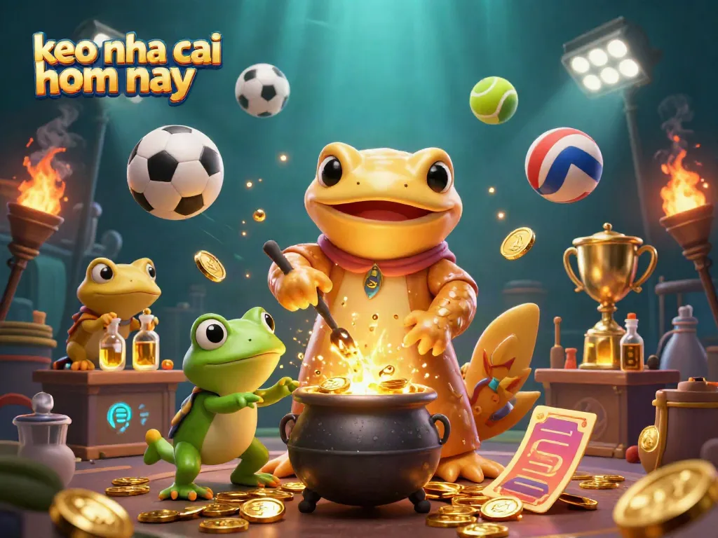 Bet on keo nha cai hom nay with a colorful 3D animation of a golden salamander alchemist surrounded by sports elements.